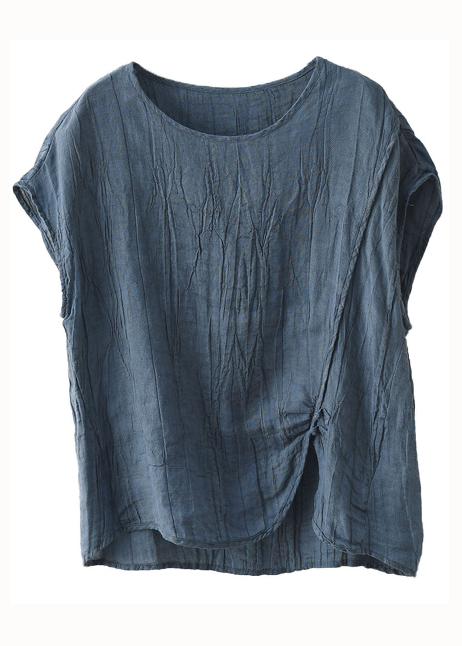 Summer Blue O Neck Wrinkled Patchwork Linen T Shirt