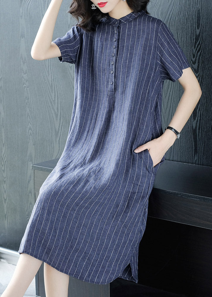 Organic Blue Peter Pan Collar Striped Button Pockets Side Open Linen Dress Short Sleeve