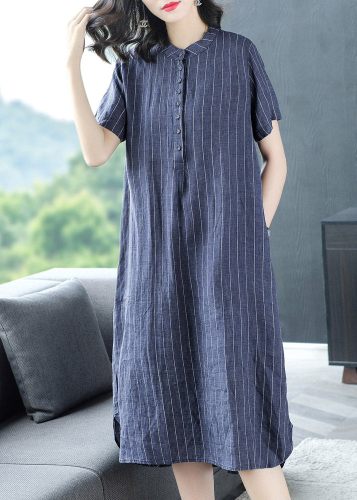 Organic Blue Peter Pan Collar Striped Button Pockets Side Open Linen Dress Short Sleeve