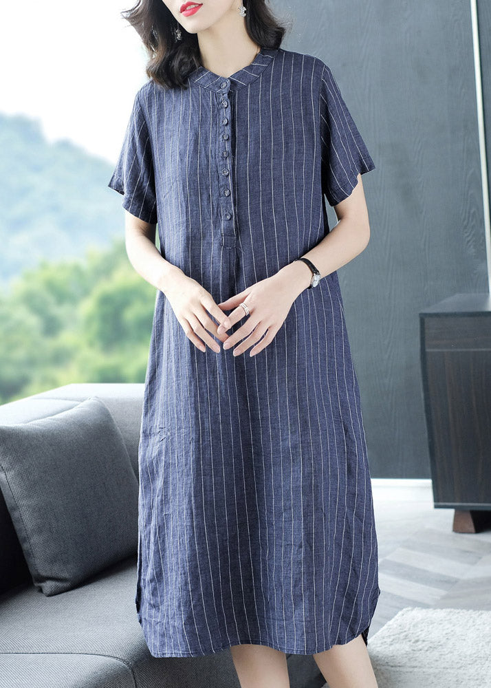 Organic Blue Peter Pan Collar Striped Button Pockets Side Open Linen Dress Short Sleeve