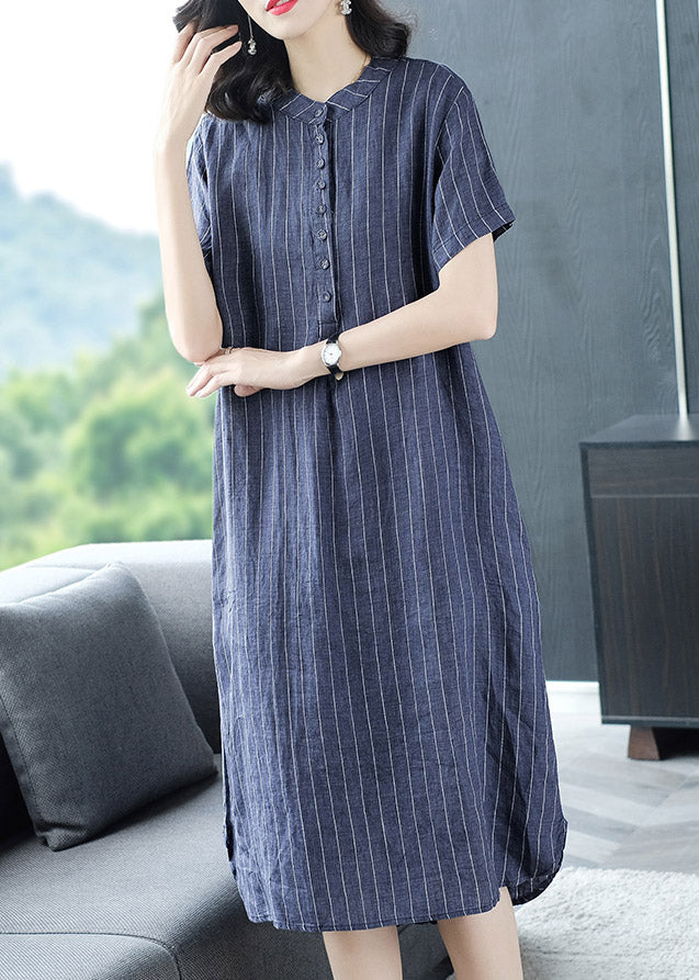 Organic Blue Peter Pan Collar Striped Button Pockets Side Open Linen Dress Short Sleeve