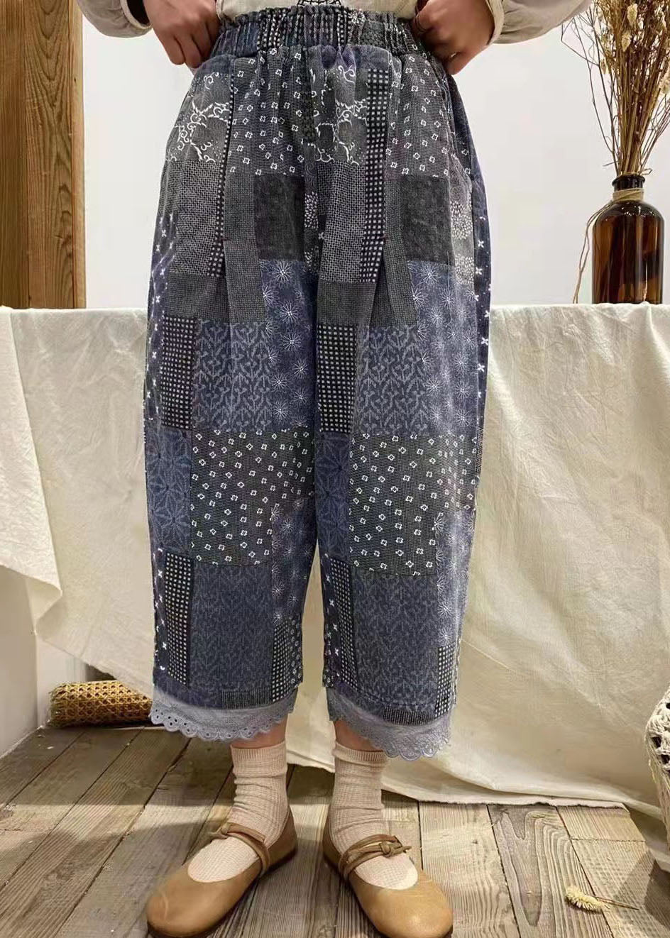 Organic Blue Pockets Print Cotton Pants Spring