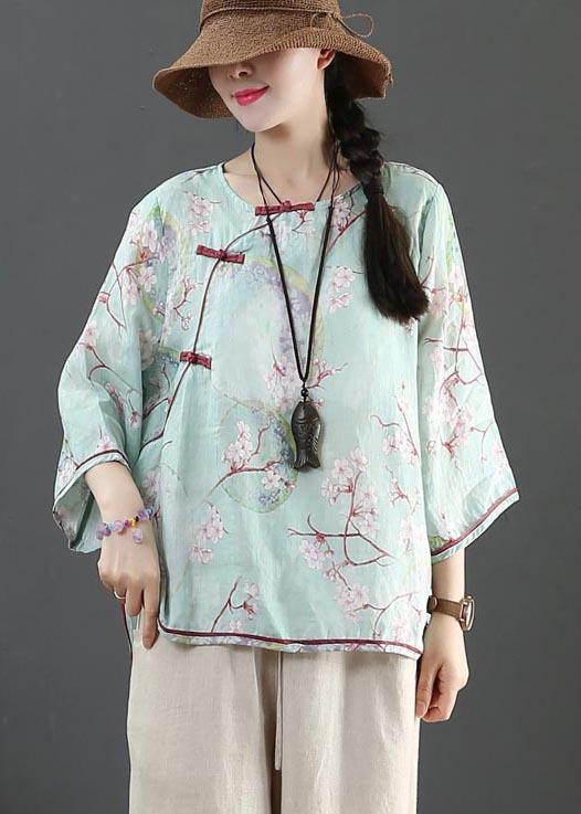 Organic Blue Print Linen Half Sleeve Top Summer - Omychic