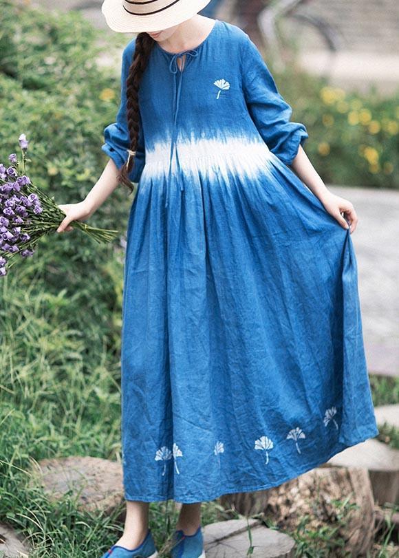 Organic Blue Print Tunic O Neck Cinched Art Dress - Omychic