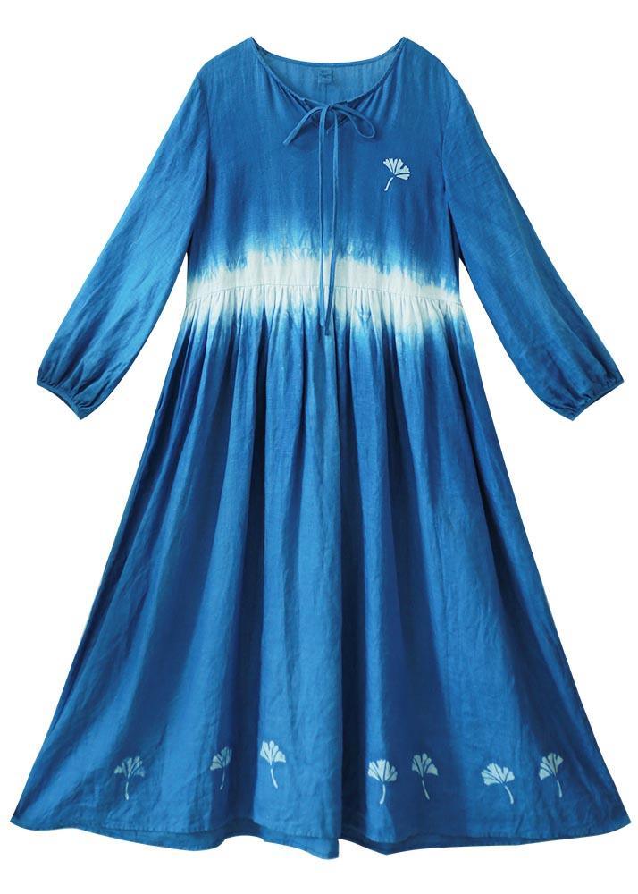 Organic Blue Print Tunic O Neck Cinched Art Dress - Omychic