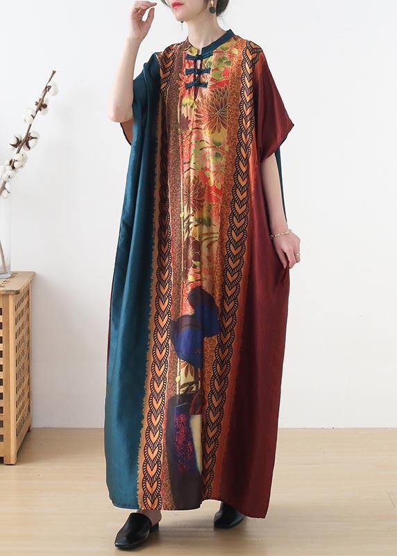 Organic Blue Red Print Oriental Summer Chiffon Dress - Omychic