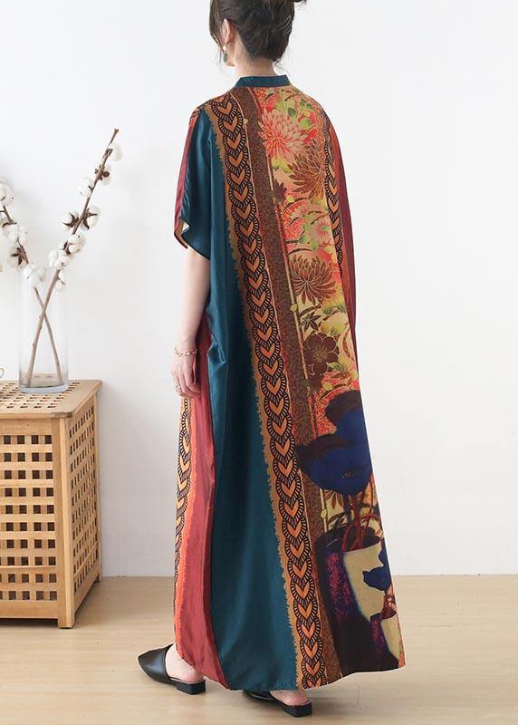 Organic Blue Red Print Oriental Summer Chiffon Dress - Omychic