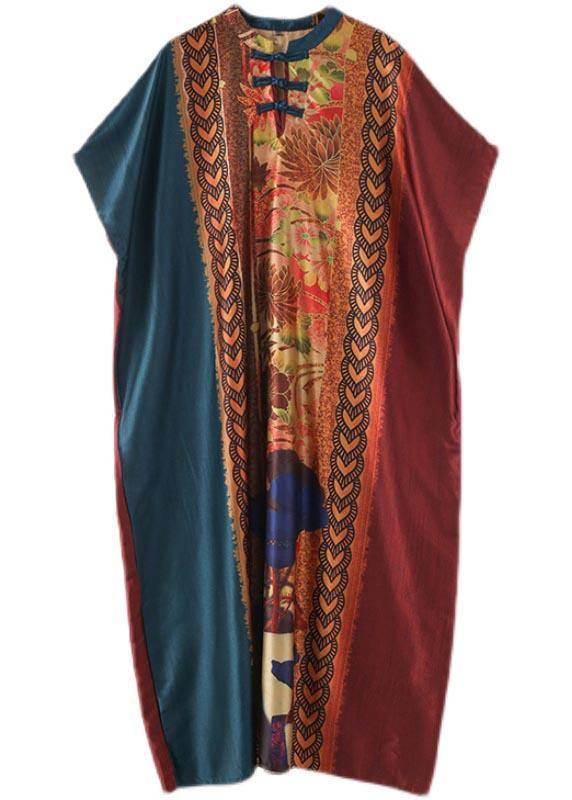 Organic Blue Red Print Oriental Summer Chiffon Dress - Omychic