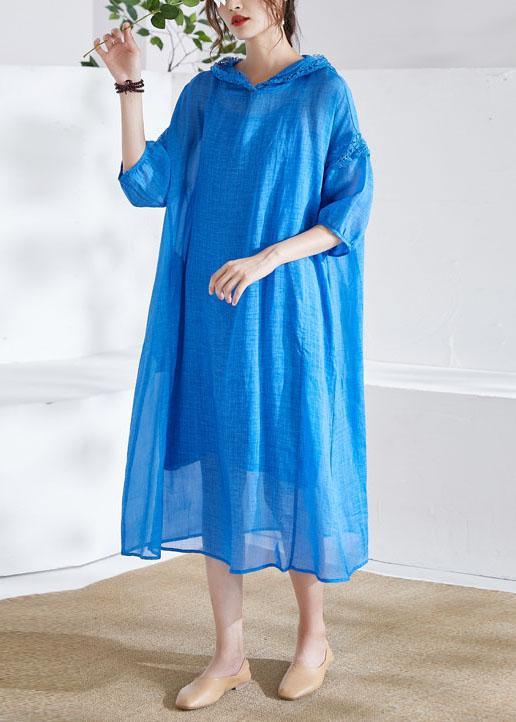 Organic Blue Ruffled Patchwork Summer Ramie Maxi Dresses Half Sleeve - Omychic