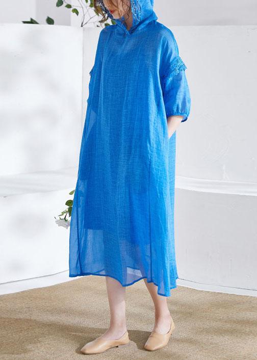Organic Blue Ruffled Patchwork Summer Ramie Maxi Dresses Half Sleeve - Omychic
