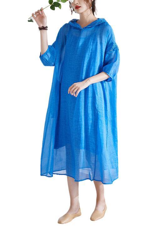 Organic Blue Ruffled Patchwork Summer Ramie Maxi Dresses Half Sleeve - Omychic