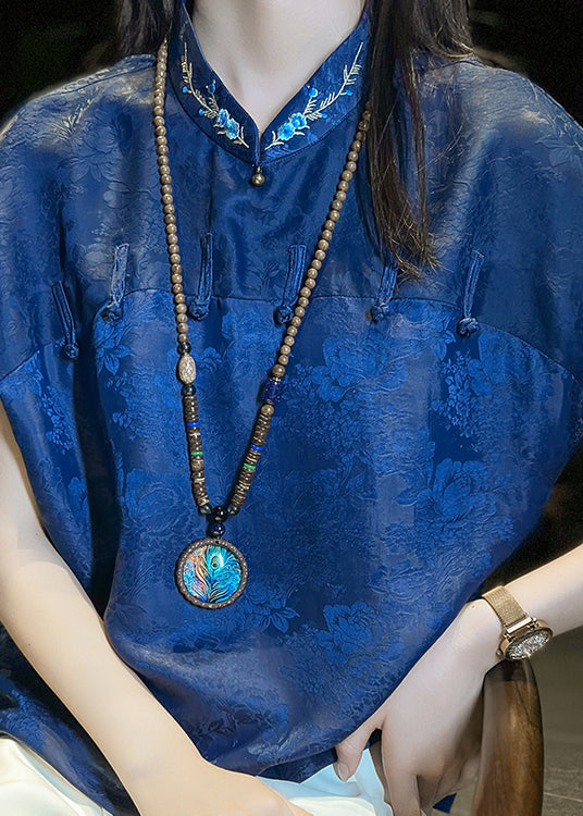 Organic Blue Stand Collar Embroideried Button Silk Top Short Sleeve