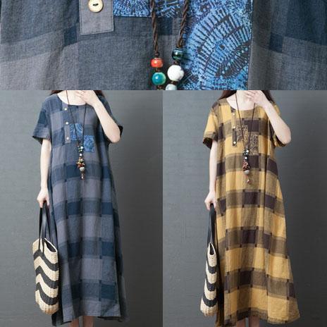Organic Button decorated  cotton quilting clothes Shape blue plaid Vestidos De Lino Dresses summer - Omychic