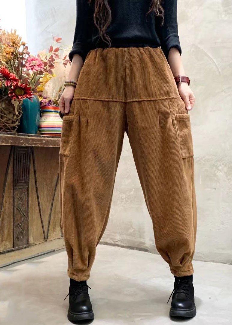 Organic Caramel Corduroy Pockets Warm Harem Winter Pants - Omychic