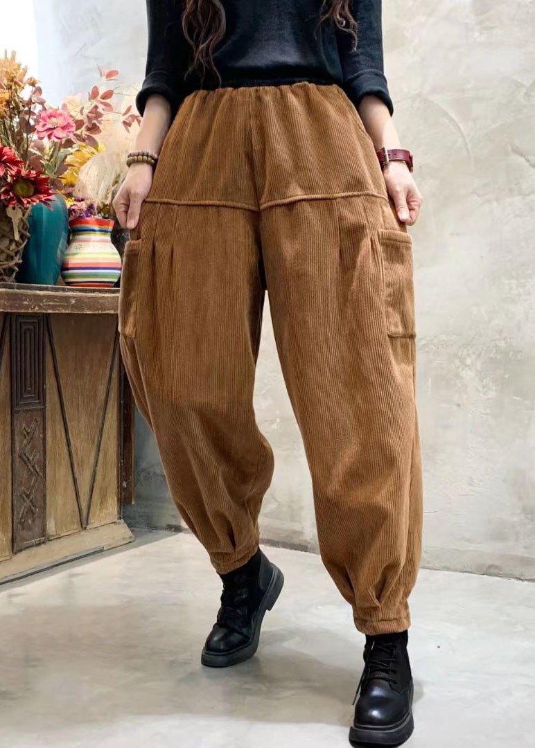 Organic Caramel Corduroy Pockets Warm Harem Winter Pants - Omychic