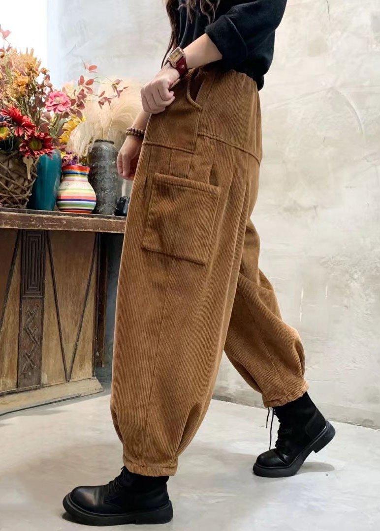 Organic Caramel Corduroy Pockets Warm Harem Winter Pants - Omychic