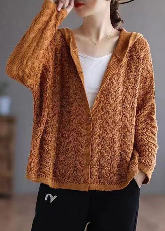 Organic Caramel Loose Hooded Casual Button Fall Knit Sweater