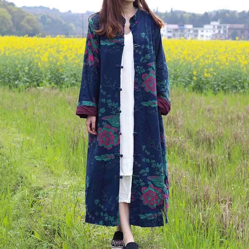 Organic Chinese Button Fashion casual coats women blue prints stand collar Midi women coats fall - Omychic