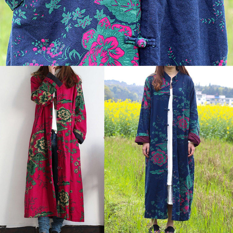 Organic Chinese Button Fashion casual coats women blue prints stand collar Midi women coats fall - Omychic