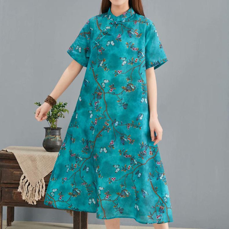 Organic Chinese Button linen outfit Work Outfits blue prints Dresses summer - Omychic