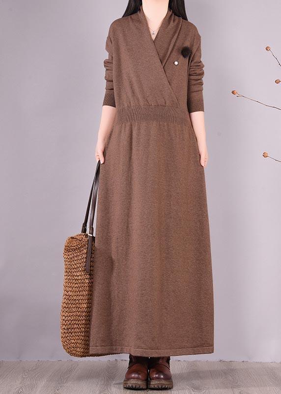 Organic Chocolate Clothes V Neck Asymmetric Vestidos De Lino Spring Dresses - Omychic