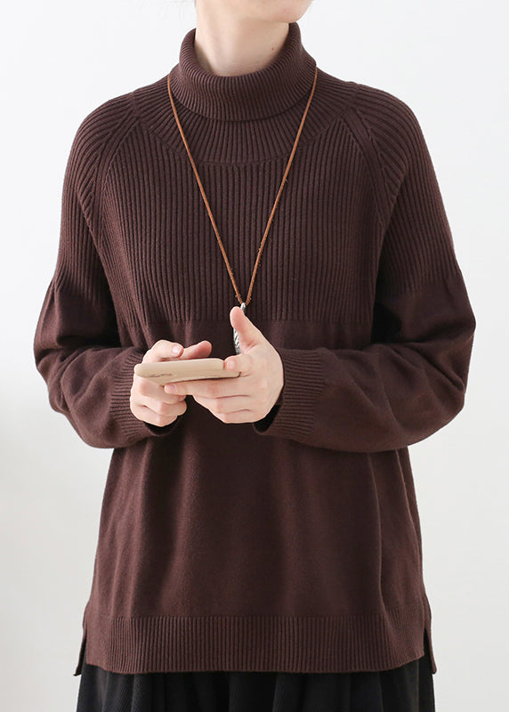 Organic Coffee Colour Turtleneck Thick Knit Sweaters Long Sleeve