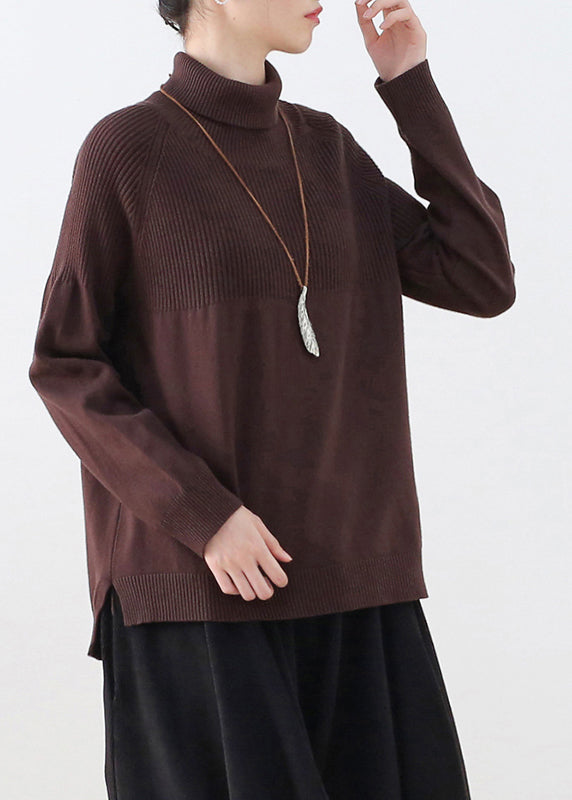 Organic Coffee Colour Turtleneck Thick Knit Sweaters Long Sleeve