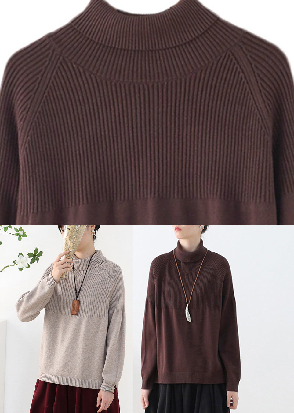 Organic Coffee Colour Turtleneck Thick Knit Sweaters Long Sleeve