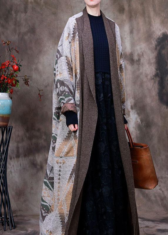 Organic Coffee V Neck Print asymmetrical design Patchwork Fall Woolen Coat Long sleeve - Omychic