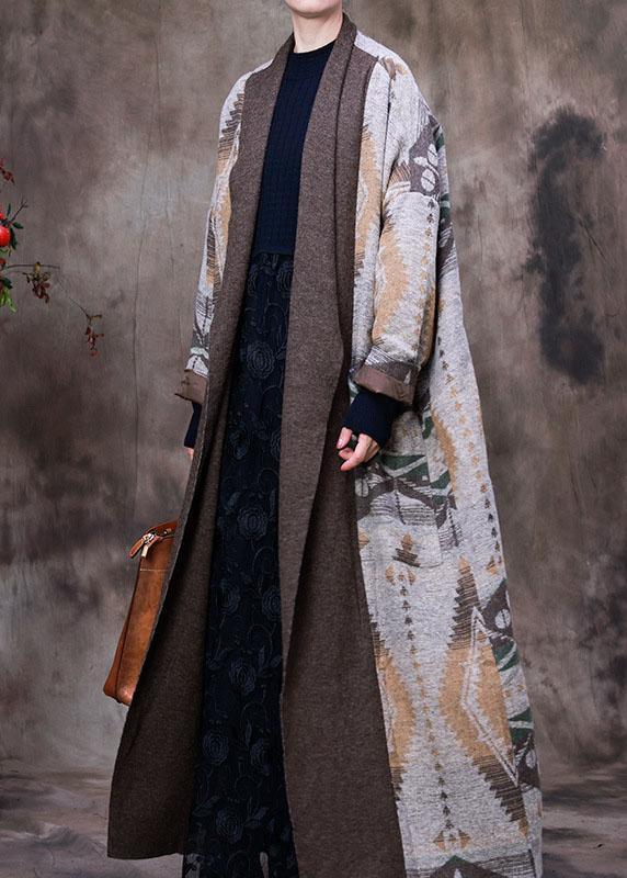 Organic Coffee V Neck Print asymmetrical design Patchwork Fall Woolen Coat Long sleeve - Omychic