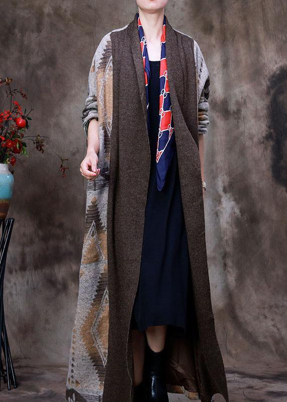 Organic Coffee V Neck Print asymmetrical design Patchwork Fall Woolen Coat Long sleeve - Omychic