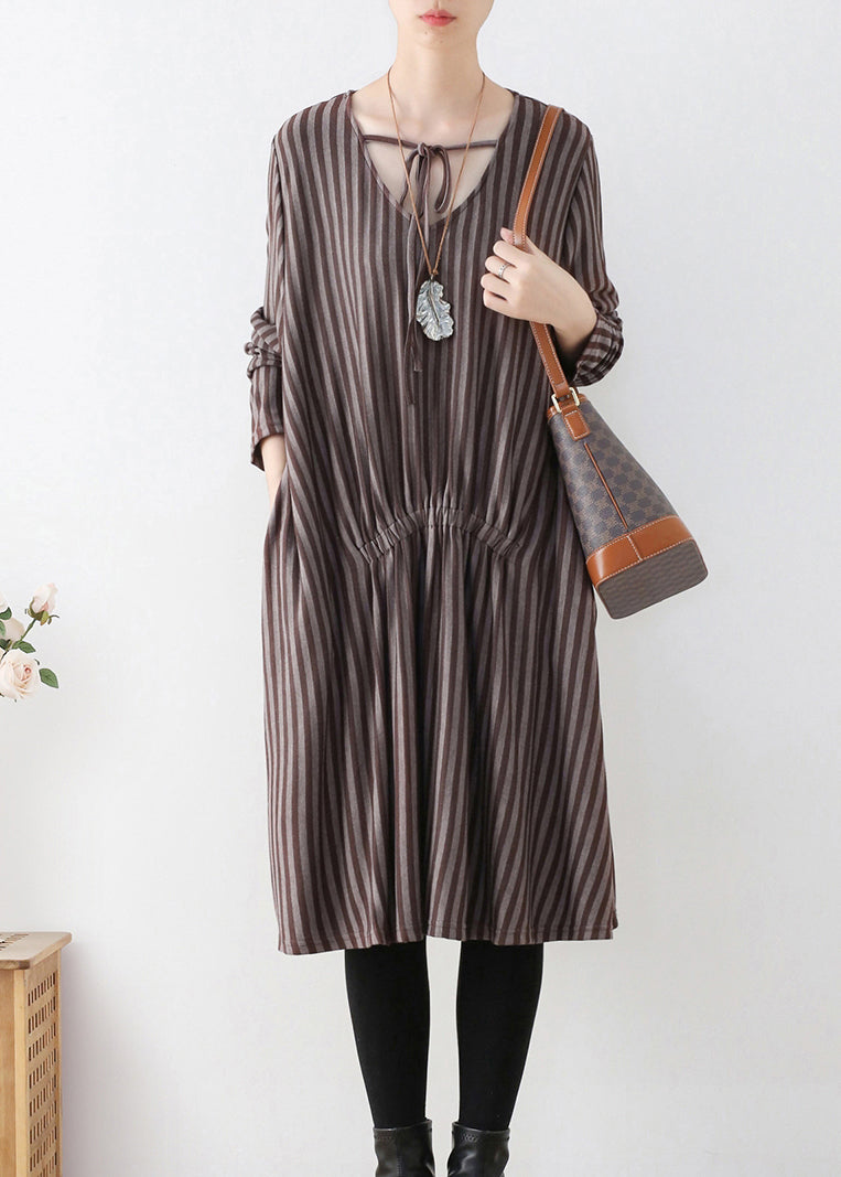 Organic Coffee V Neck Striped Knitted Cotton Thread Maxi Dress Fall