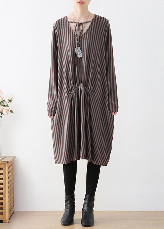 Organic Coffee V Neck Striped Knitted Cotton Thread Maxi Dress Fall