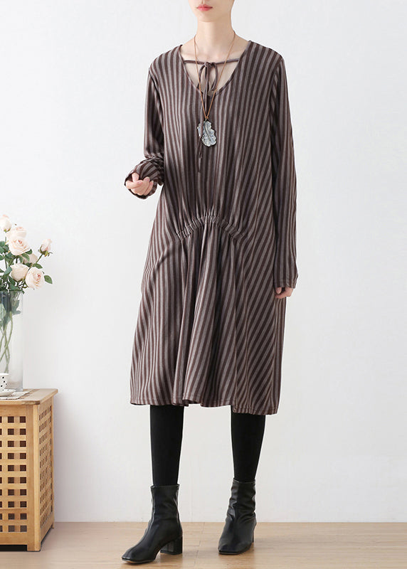 Organic Coffee V Neck Striped Knitted Cotton Thread Maxi Dress Fall