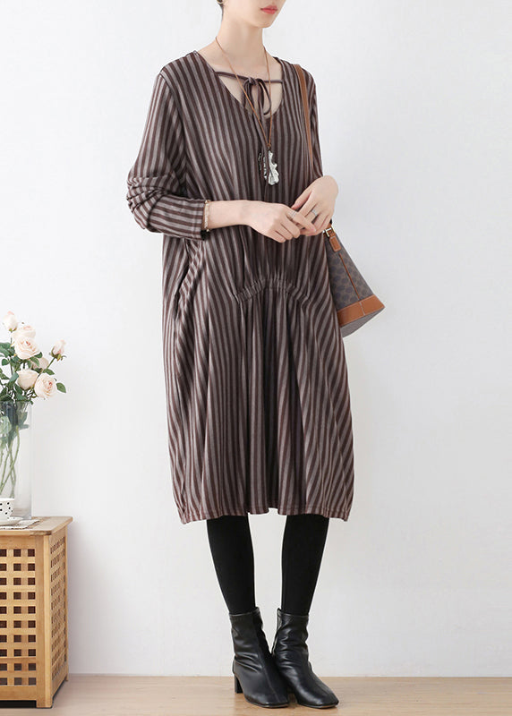 Organic Coffee V Neck Striped Knitted Cotton Thread Maxi Dress Fall