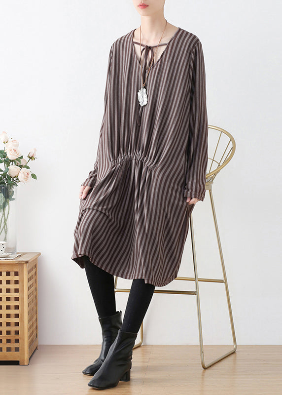 Organic Coffee V Neck Striped Knitted Cotton Thread Maxi Dress Fall