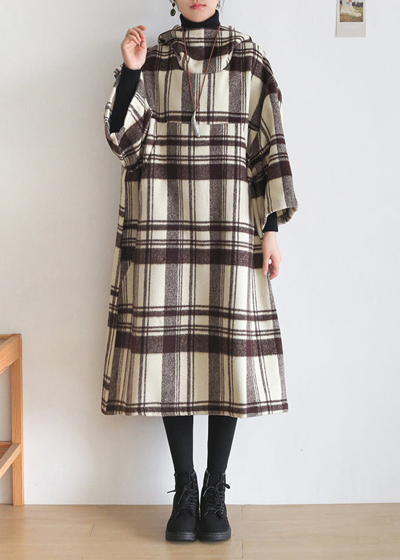 Organic Coffee White Colour Plaid Pockets Cotton Maxi Hooded Dresses Long Sleeve