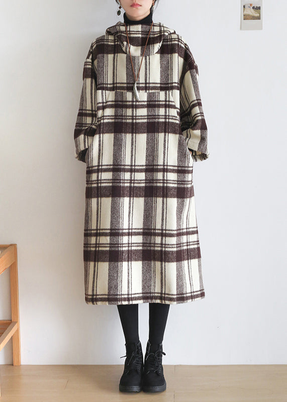 Organic Coffee White Colour Plaid Pockets Cotton Maxi Hooded Dresses Long Sleeve