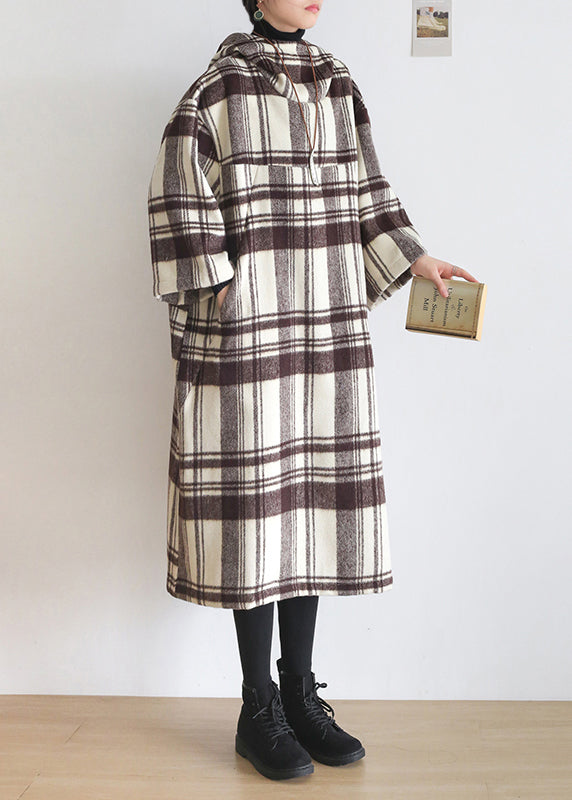 Organic Coffee White Colour Plaid Pockets Cotton Maxi Hooded Dresses Long Sleeve