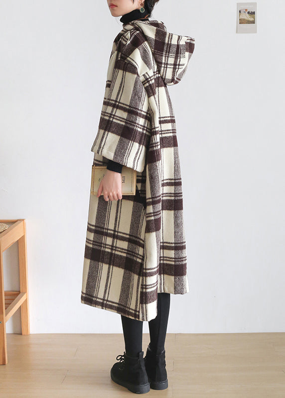 Organic Coffee White Colour Plaid Pockets Cotton Maxi Hooded Dresses Long Sleeve