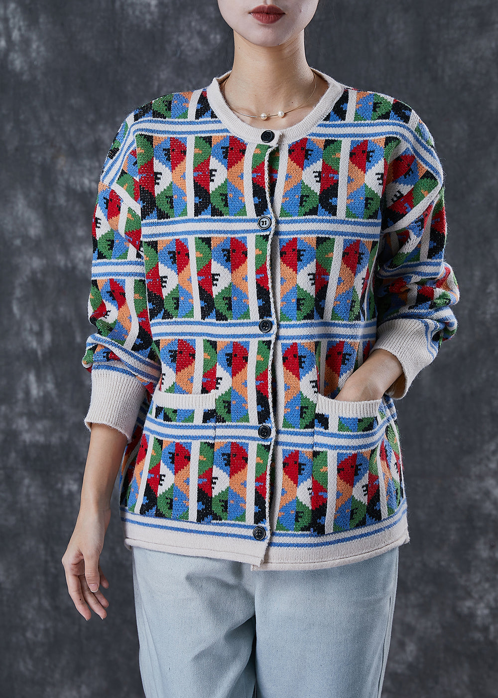 Organic Colorblock Plaid Pockets Knit Coat Winter