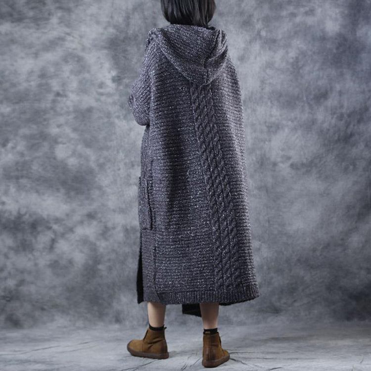 Organic Dark Gray Knit Hooded Pockets Fall Cardigan Long Sleeve - Omychic