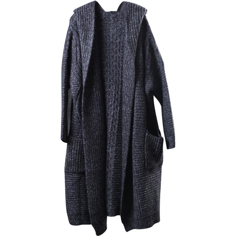 Organic Dark Gray Knit Hooded Pockets Fall Cardigan Long Sleeve - Omychic