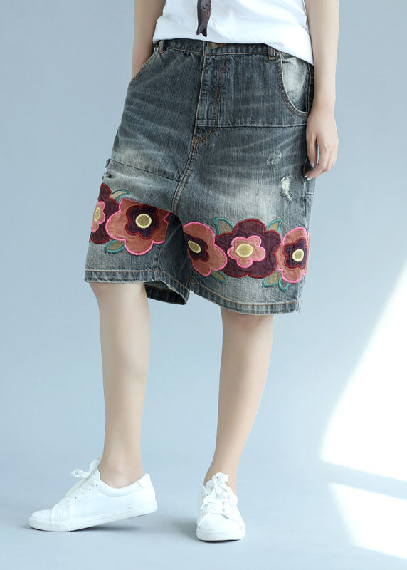Organic Gray Pockets Patchwork Embroideried Shorts Summer