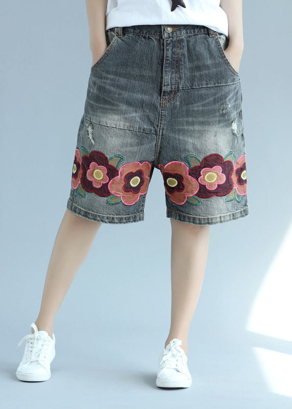 Organic Gray Pockets Patchwork Embroideried Shorts Summer