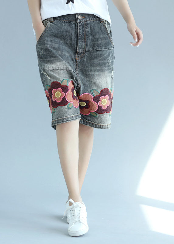 Organic Gray Pockets Patchwork Embroideried Shorts Summer