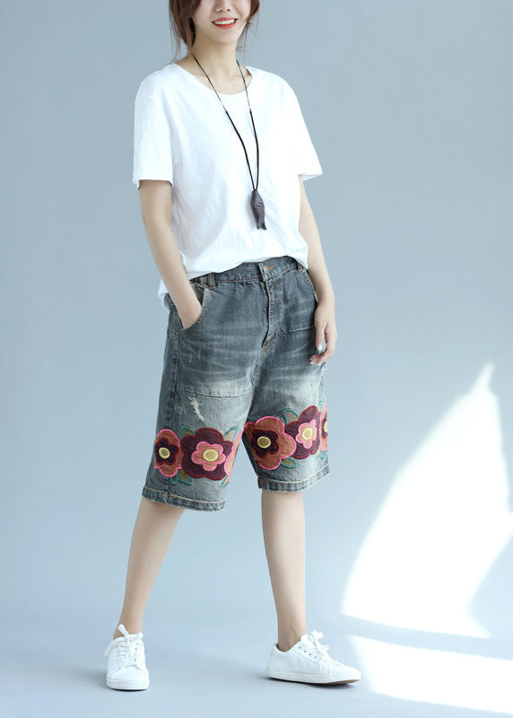 Organic Gray Pockets Patchwork Embroideried Shorts Summer