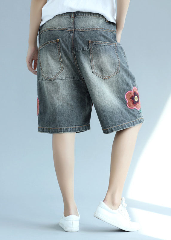 Organic Gray Pockets Patchwork Embroideried Shorts Summer