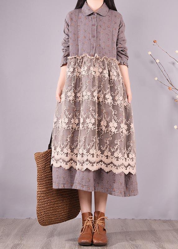 Organic Gray Print Wardrobes Patchwork Lace Long Spring Dresses - Omychic