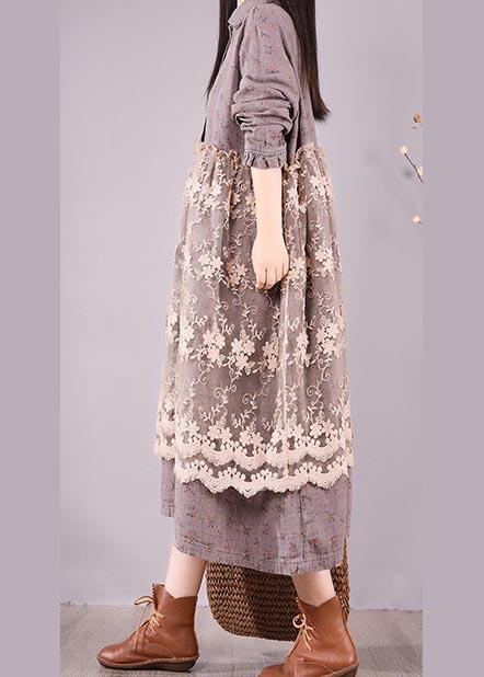 Organic Gray Print Wardrobes Patchwork Lace Long Spring Dresses - Omychic